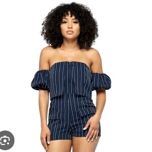 Capsule Navy Pinstriped Off The Should Romper Size Med